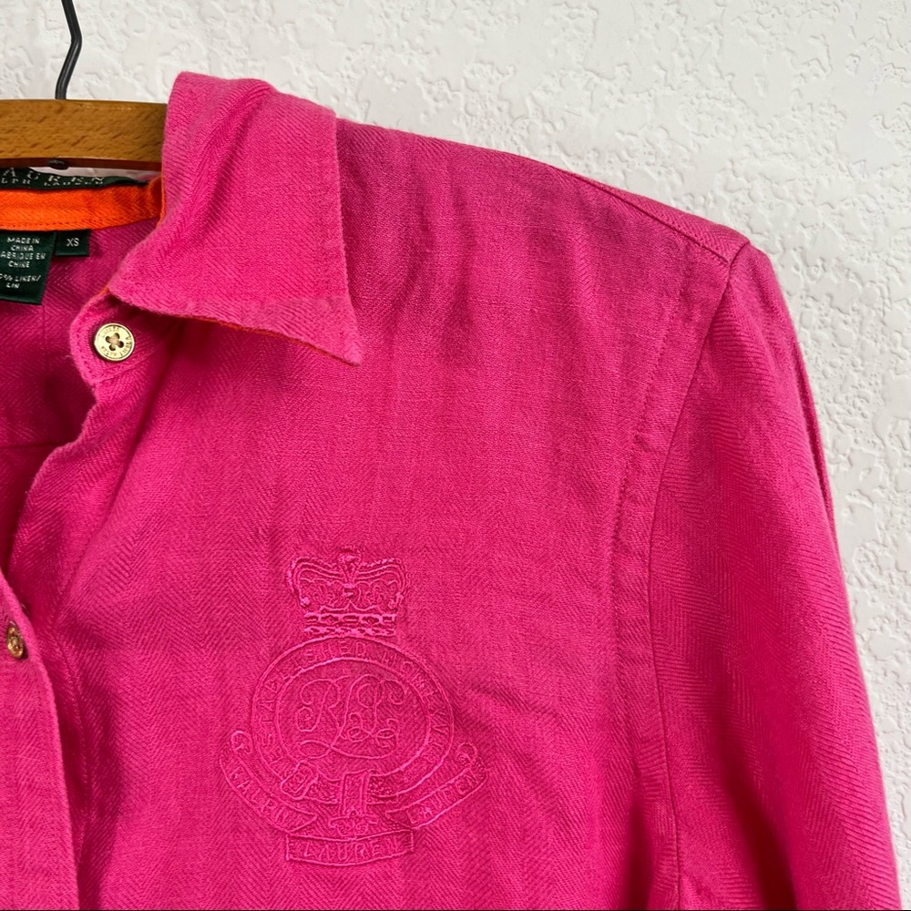 LRL Linen Embroidered Crest Button Front Blouse